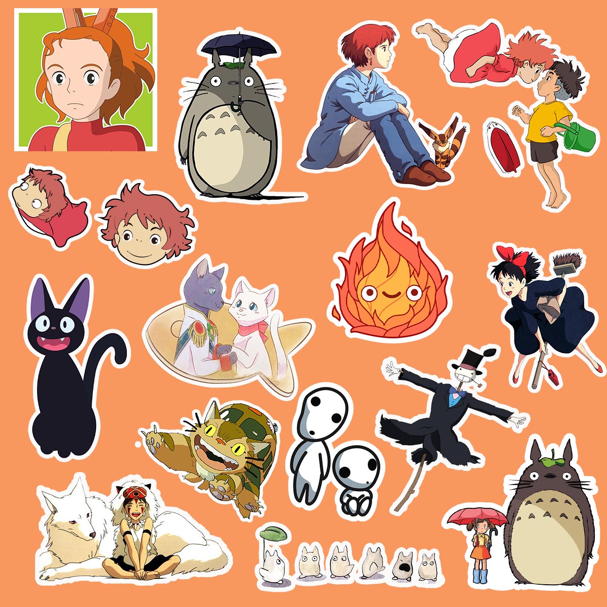 Collection of studio ghibli ponyo characters and elements on an orange background