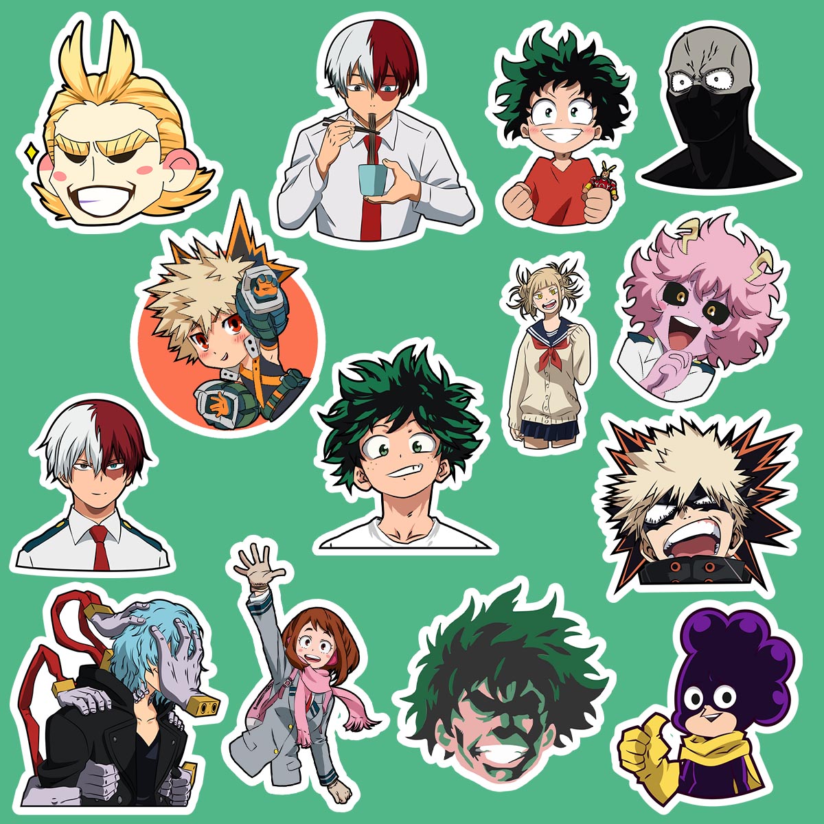 Collection of animated my hero academia anime character stickers on a green background