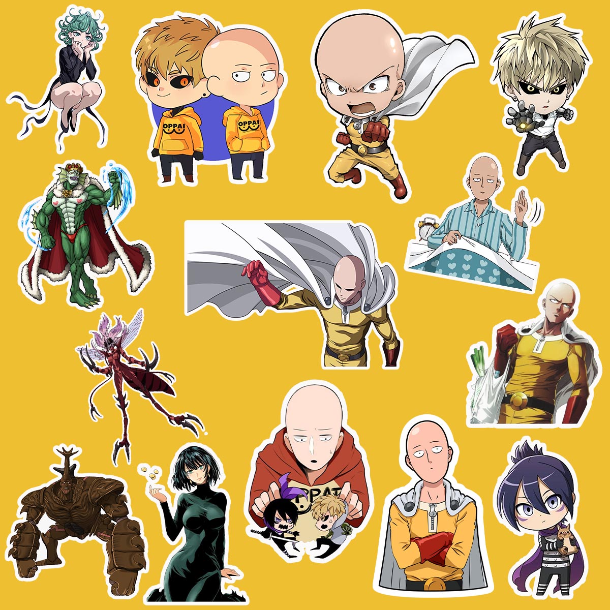 Collection of animated characters on a yellow background