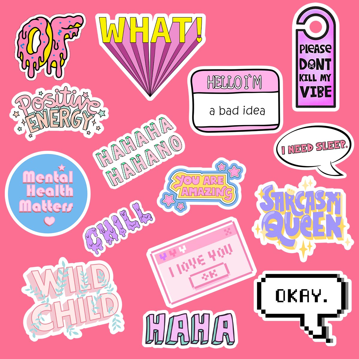 Collection of colorful text stickers on a pink background