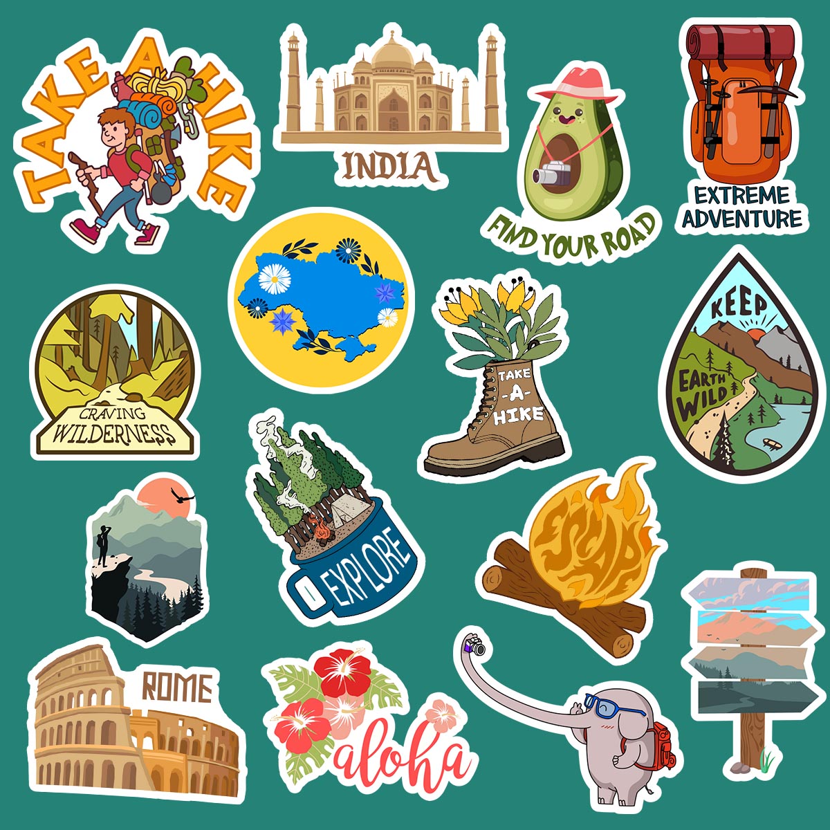 Collection of travel-themed stickers on a teal background