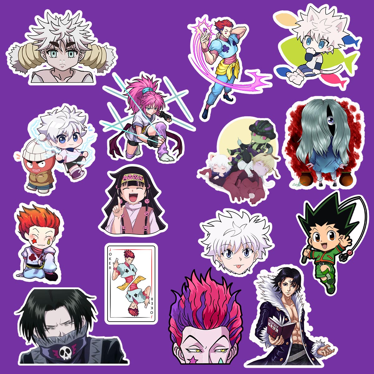 Collection of animated character stickers on a purple background