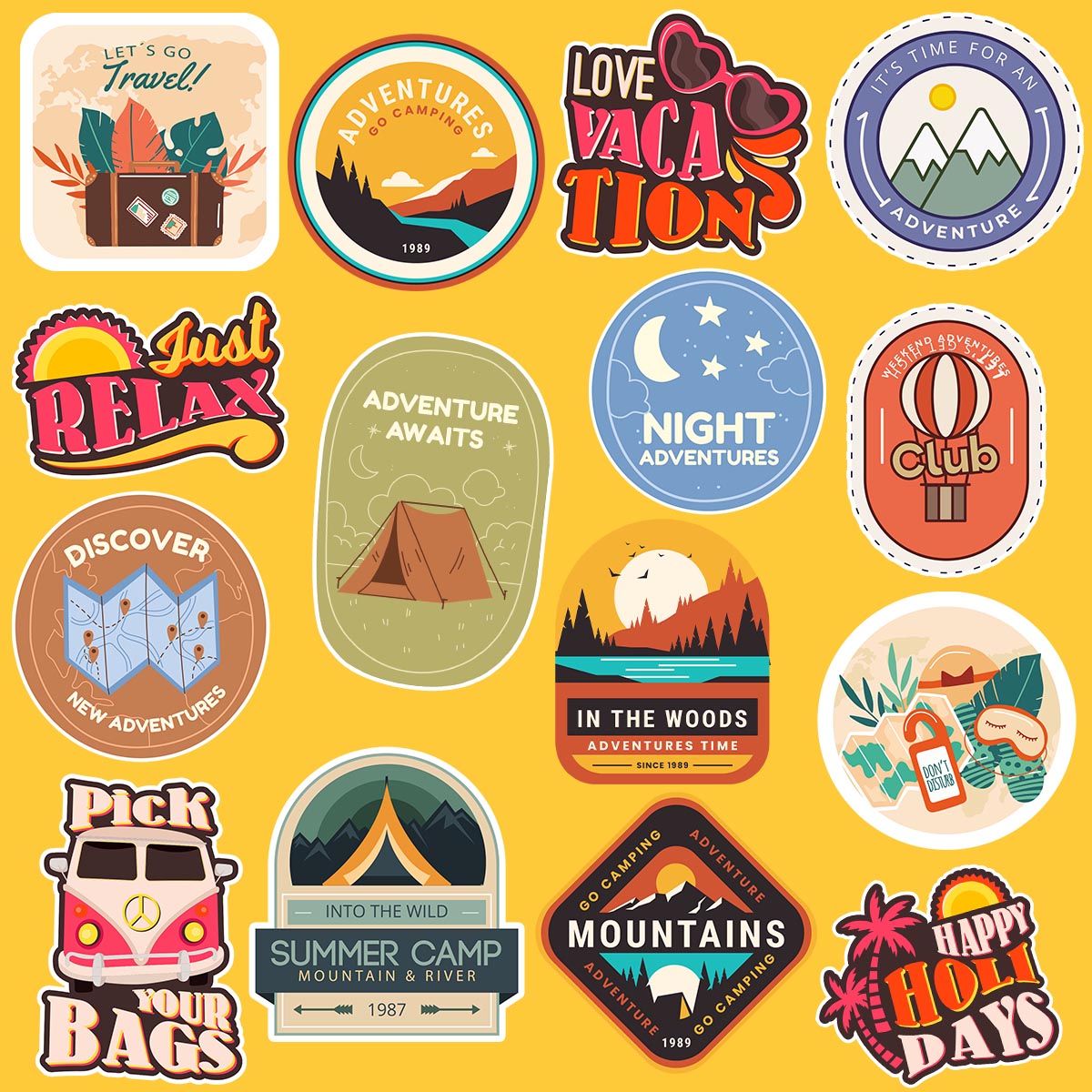 Collection of colorful travel-themed stickers on a yellow background