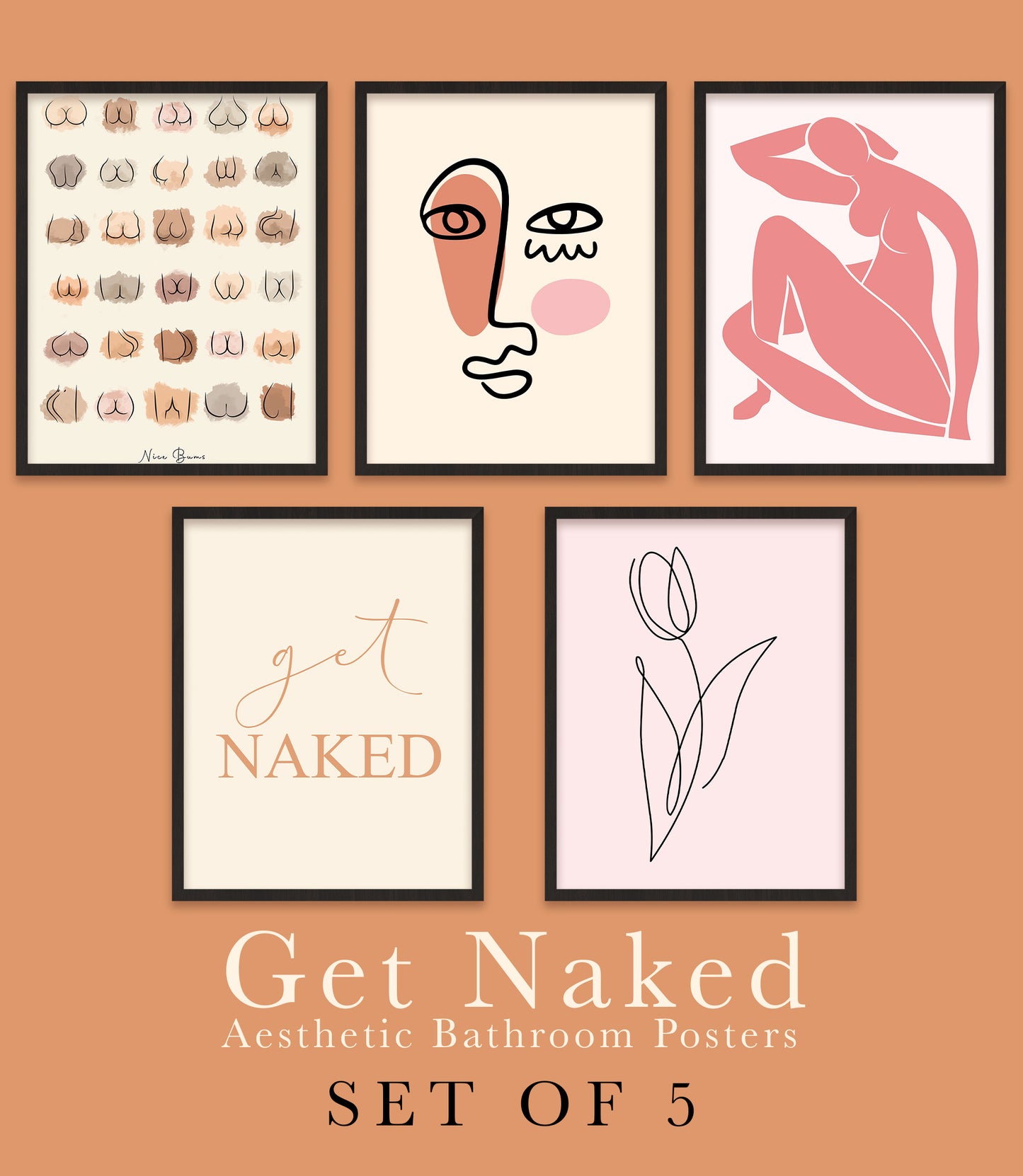 Aesthetic Bathroom Decor Wall Art - Get Naked - Set Of 5 Posters