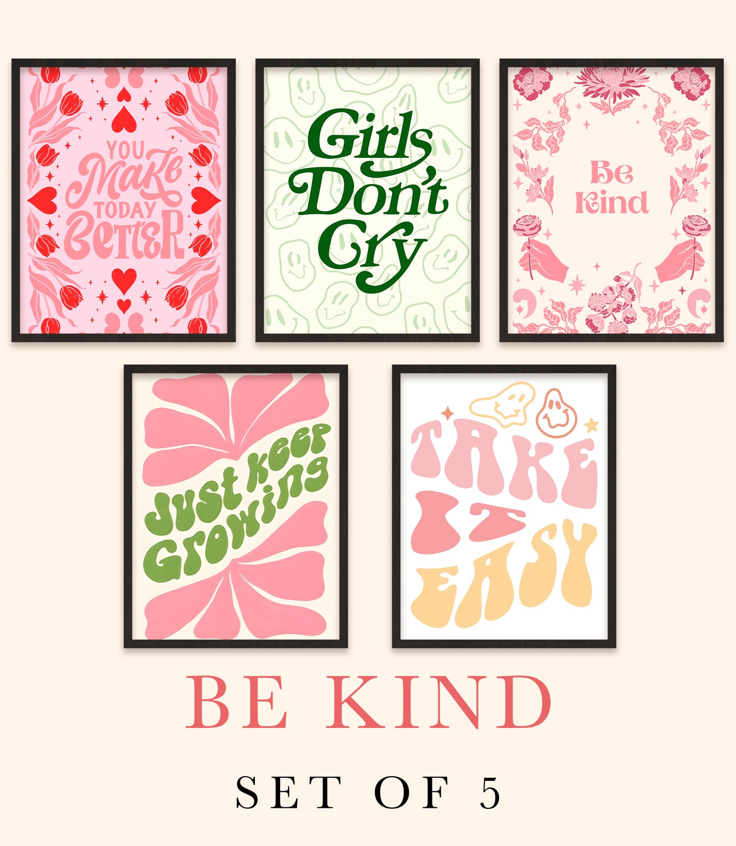 Aesthetic Chic - Be Kind - Girls Wall Art - Set Of 5 Posters