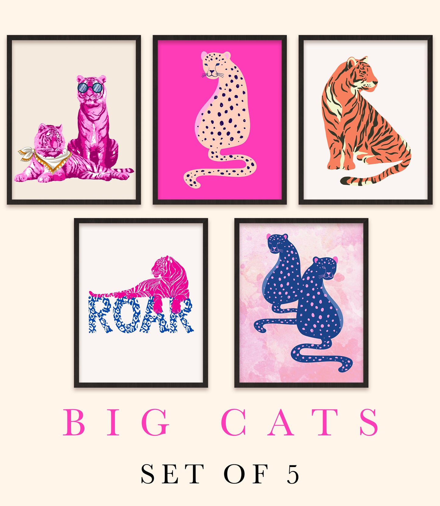 Modern Abstract Big Cats Wall Art - Set Of 5 Posters