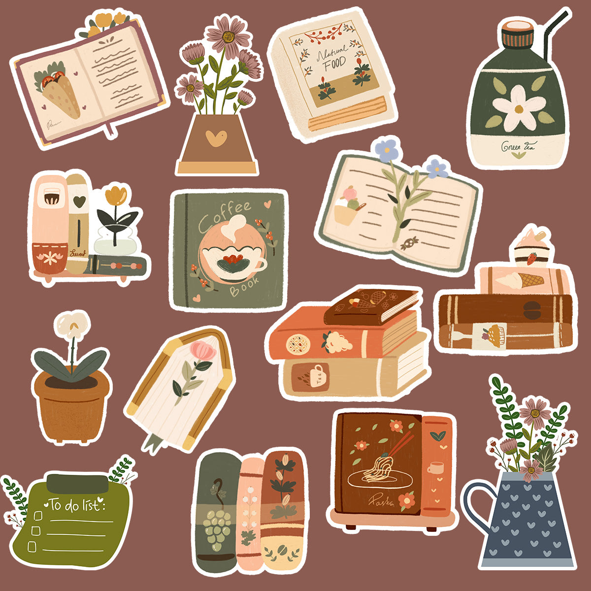 Collection of decorative stickers with books, plants, and other items on a brown background