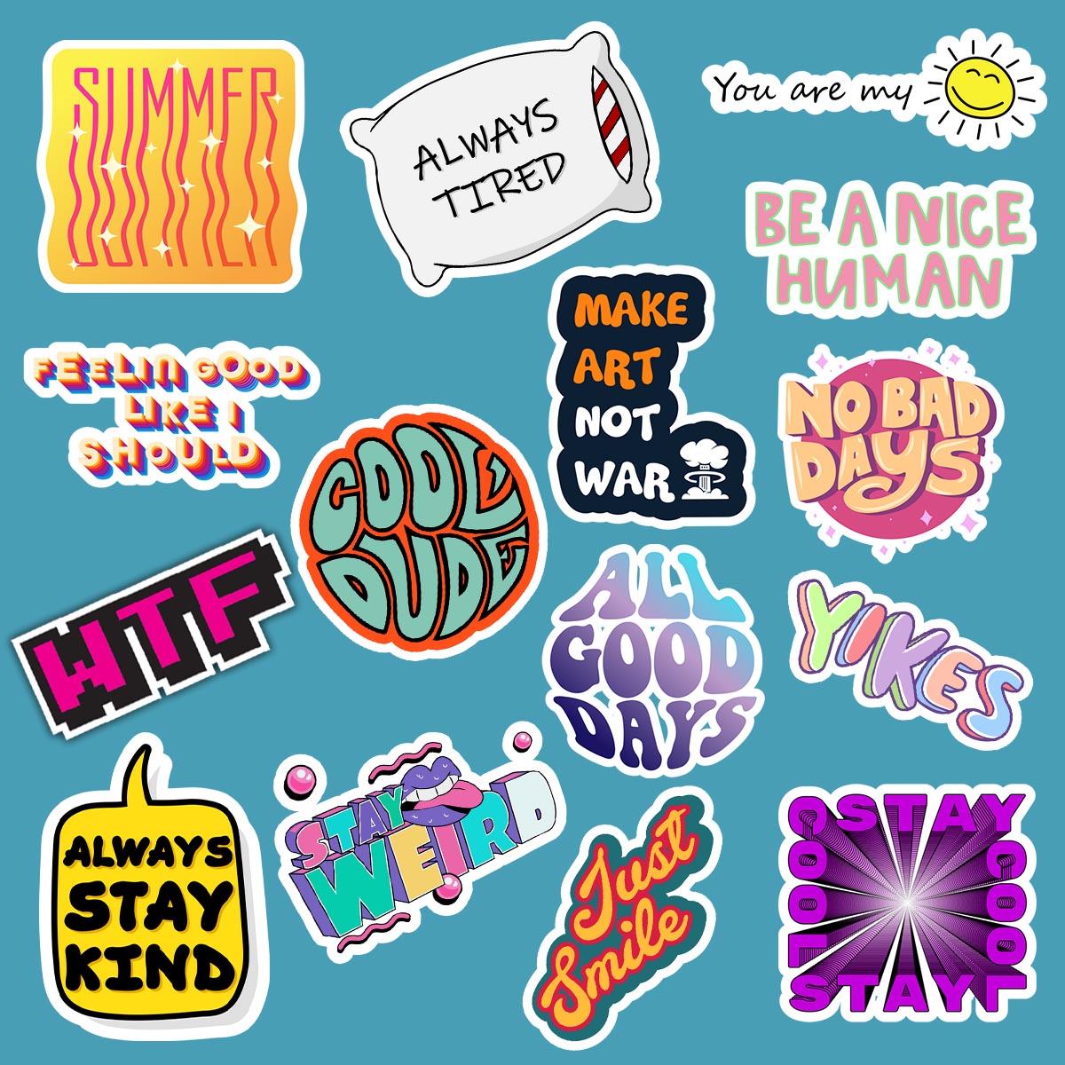 Collection of colorful text stickers on a blue background