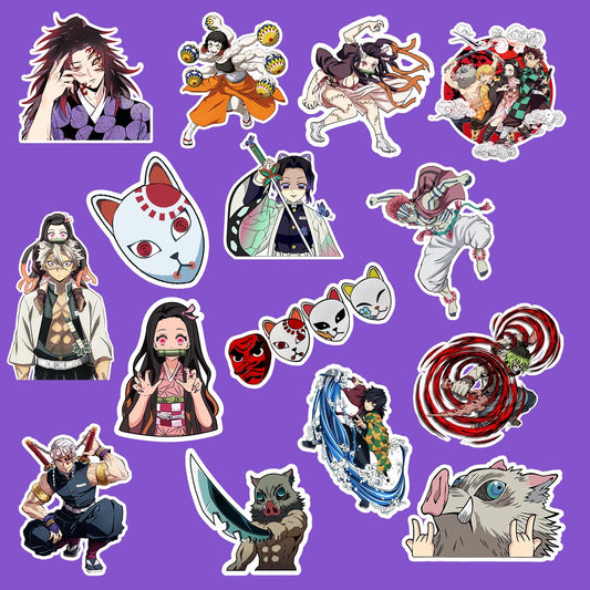 Collection of animated character stickers on a purple background