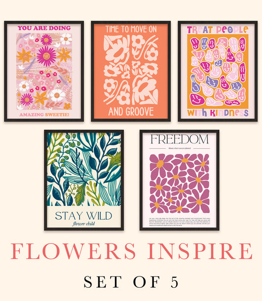 Positive Affirmation Floral Wall Art - Flowers Inspire - Set Of 5 Posters