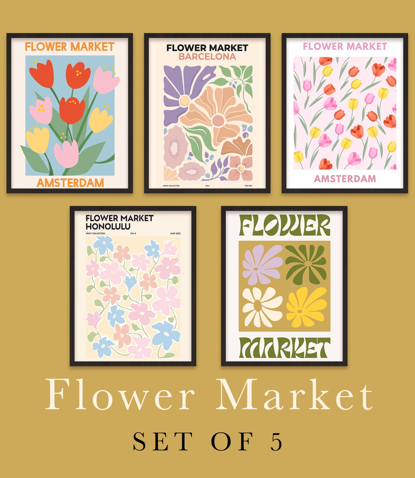 Abstract Floral Art Prints Flower Market - Set Of 5 Posters