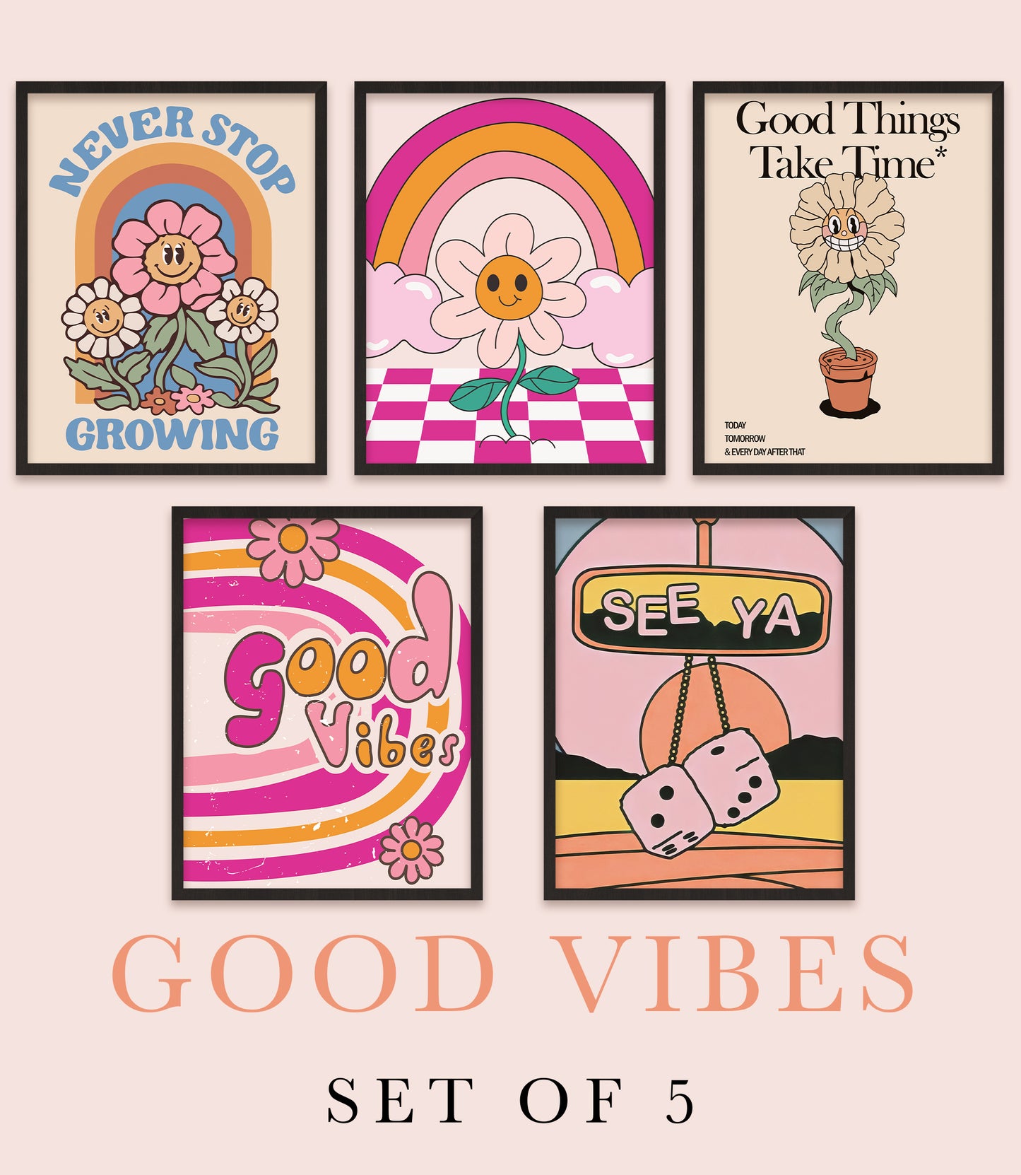 Retro Style Good Vibes - Poster | Wall Art | Set Of 5