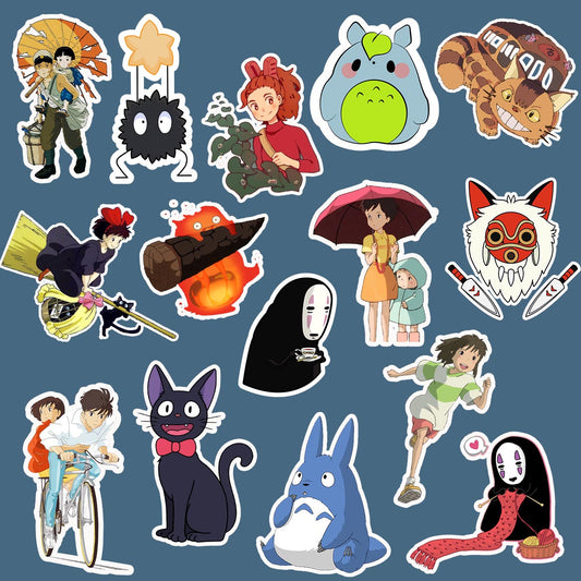 Collection of studio ghibli totoro animated characters and objects on a blue background