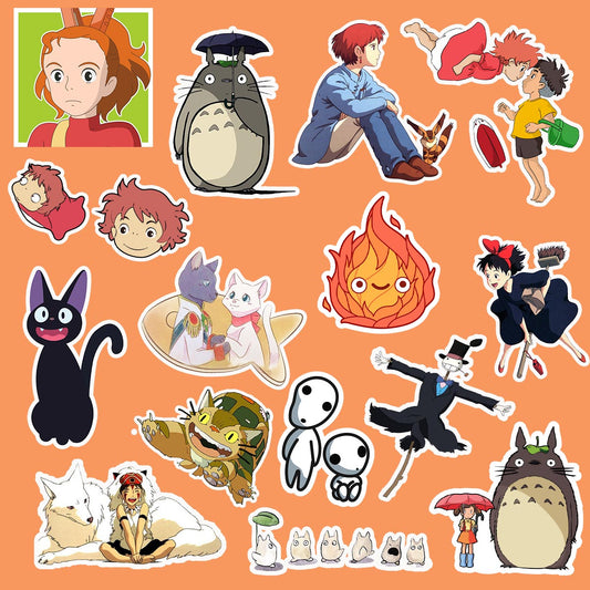 Collection of studio ghibli ponyo characters and elements on an orange background