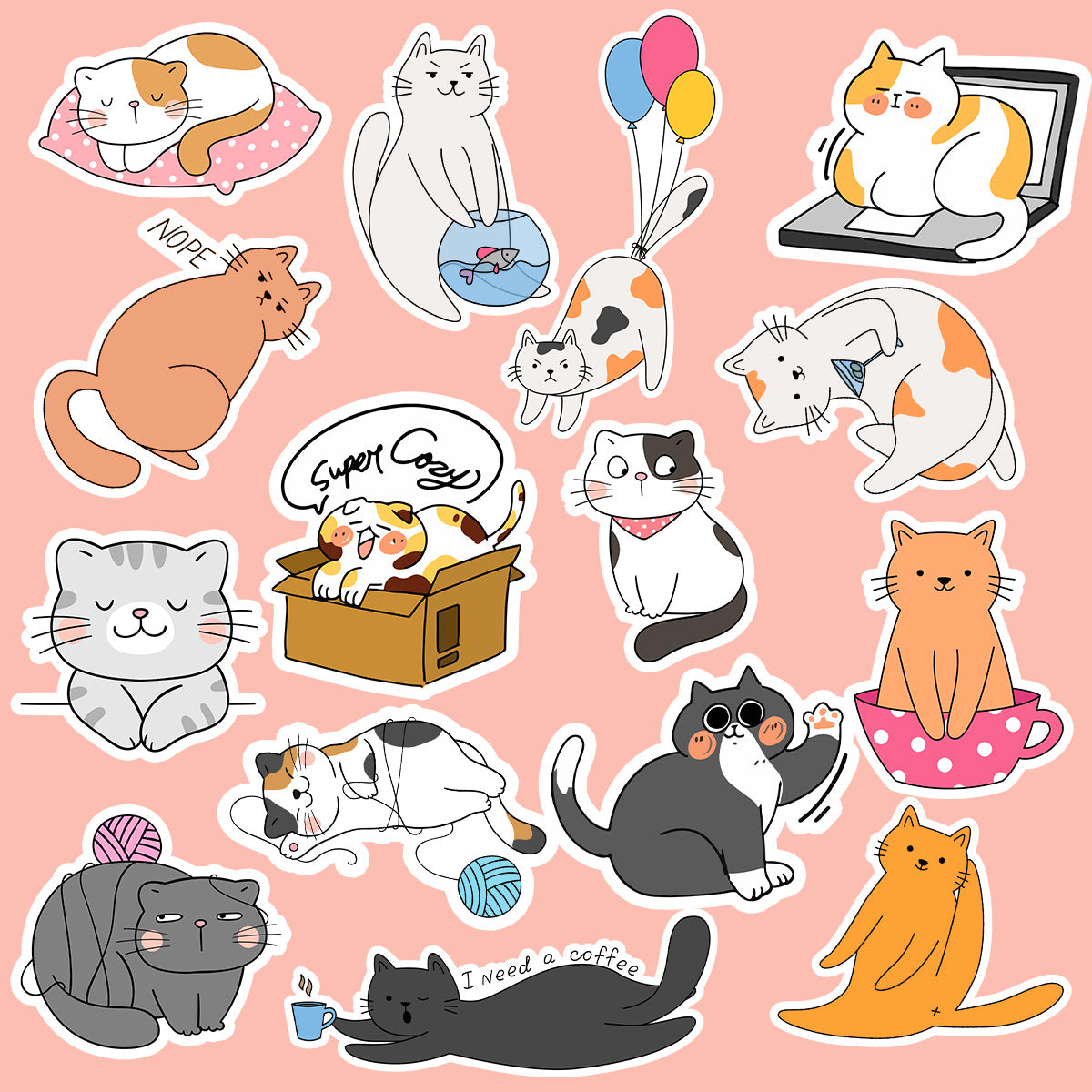 Cute Cats Sticker Pack Of 15