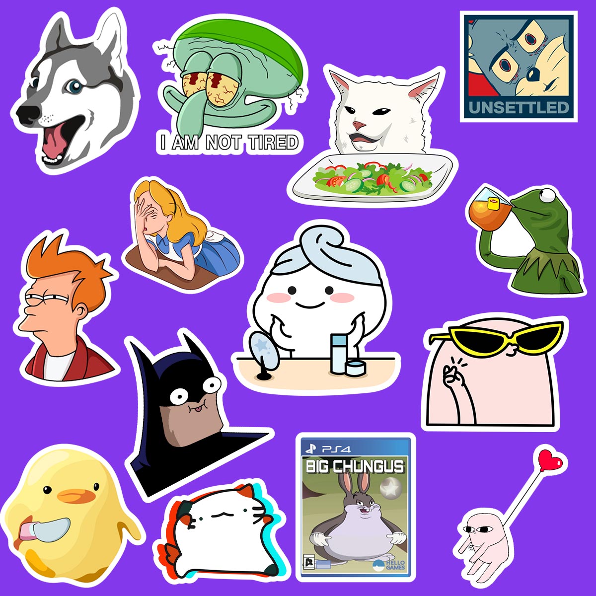 Collection of various cartoon stickers on a purple background