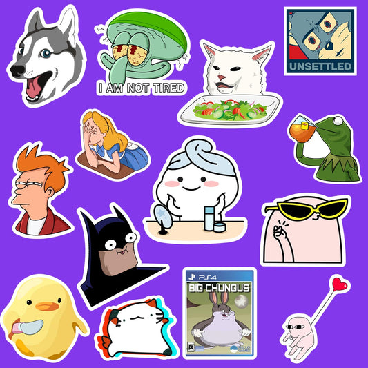 Collection of various cartoon stickers on a purple background