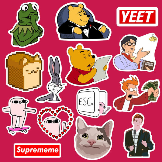 Collection of various stickers on a red background with 'Supreme' and 'YEET' logos.