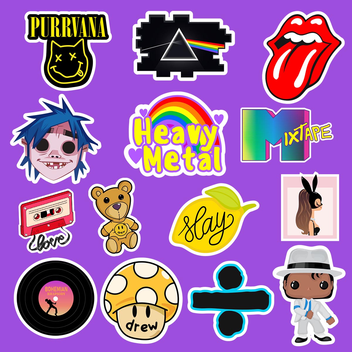 Collection of various music related stickers on a purple background