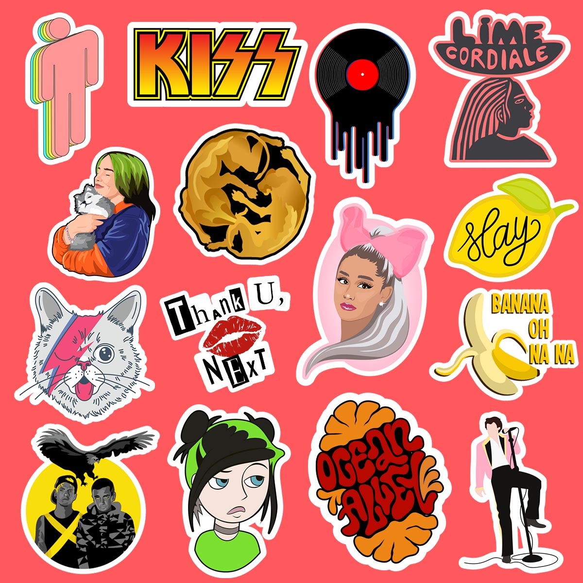 Collection of various stickers on a pink background