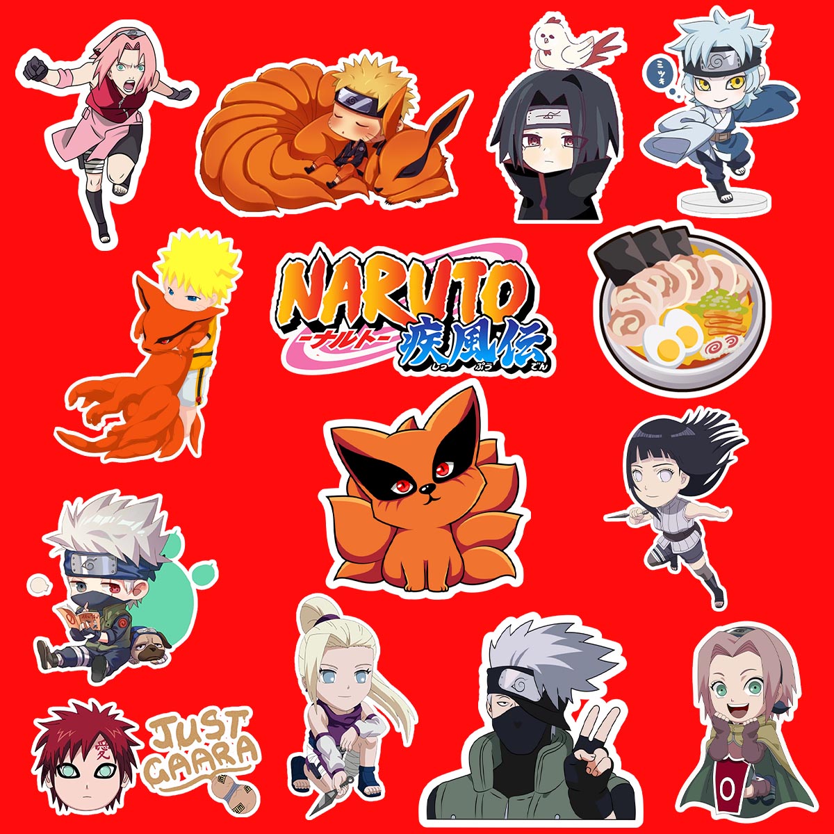 Collection of Naruto characters stickers and elements on a red background