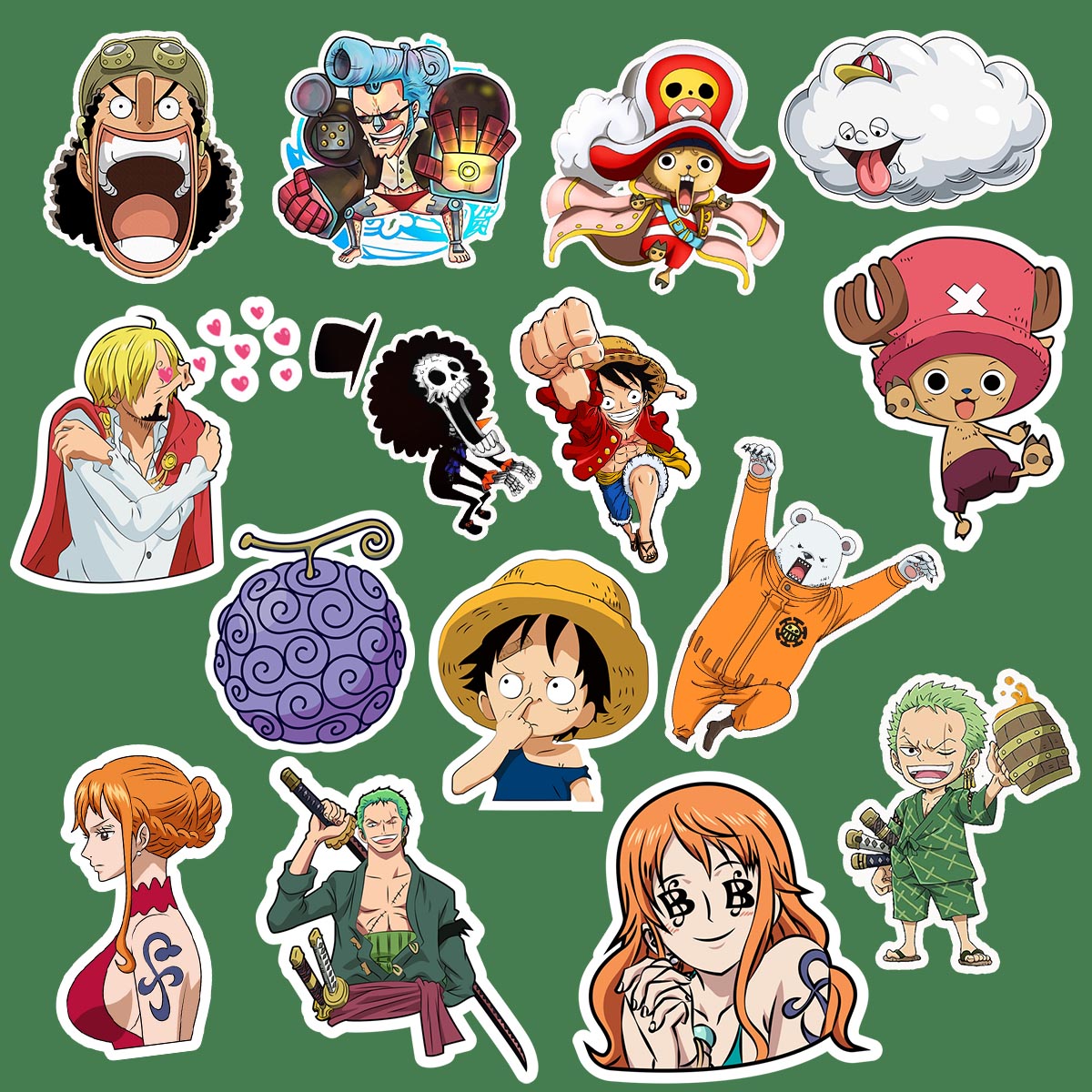 Collection of one piece animated character stickers on a green background