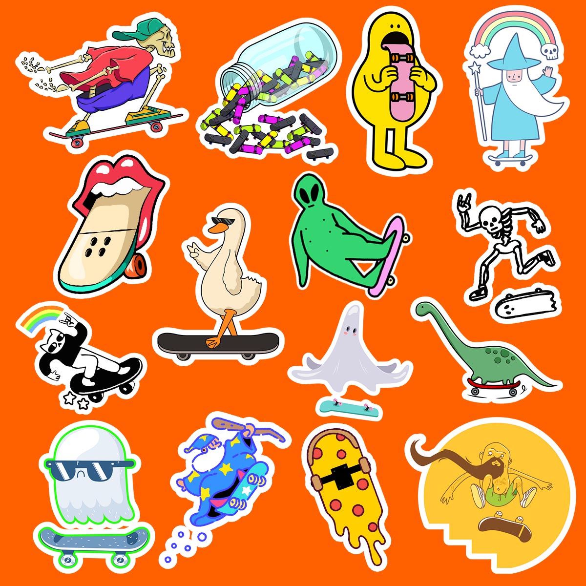 Collection of colorful cartoon stickers on an orange background