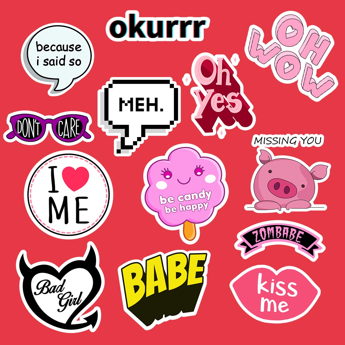 Collection of colorful stickers with various designs on a red background