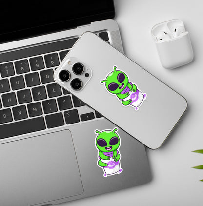 This alien loves coffee - Laptop/Mobile Sticker